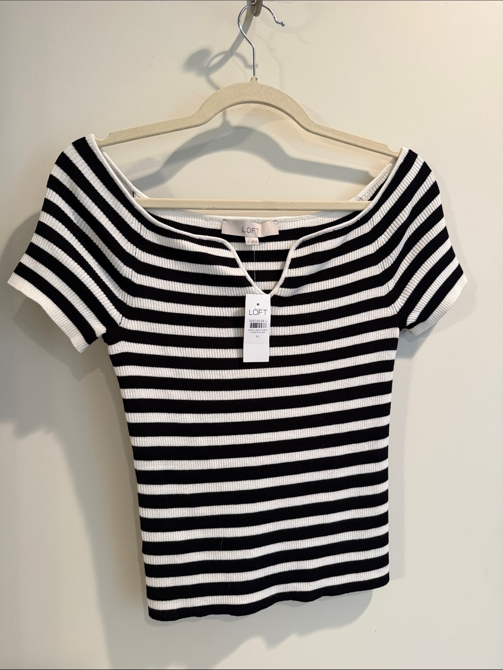 LOFT Black and White Striped Short Sleeve Ribbed Boatneck Top